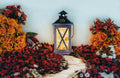 Outdoor lantern set among flowers beside a stone garden path