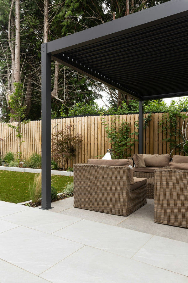Covered patio with a comfortable outdoor sofa and armchairs