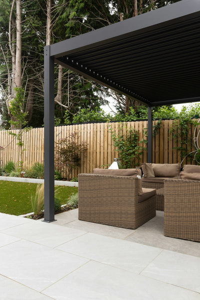 Covered patio with an outdoor sofa, armchairs and a centre table